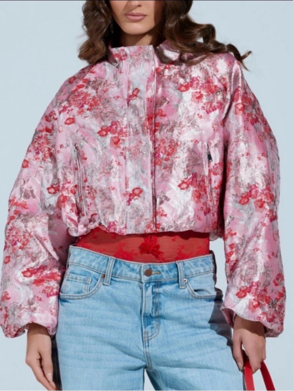 AKIRA Floral Satin Brocade Bomber Jacket in Pink and Red